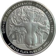 Mexico 2 Onzas Frida Kahlo and Diego 2007 Mo Proof 2 ONZAS PLATA PURA LEY .999 DESNUDO CON ALCATRACES DIEGO RIVERA 1944 coin obverse Mexico 2 Onzas Frida Kahlo and Diego 2007 Mo Proof 2 ONZAS PLATA PURA LEY .999 DESNUDO CON ALCATRACES DIEGO RIVERA 1944 coin obverse