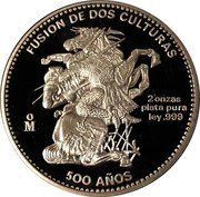 Mexico 2 Onzas Fusion de Dos Culturas ND  FUSION DE DOS CULTURAS 2 ONZAS PLATA PURA LEY .999 MO 500 AÑOS coin reverse Mexico 2 Onzas Fusion de Dos Culturas ND  FUSION DE DOS CULTURAS 2 ONZAS PLATA PURA LEY .999 MO 500 AÑOS coin reverse