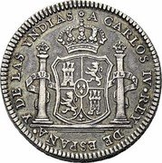 Mexico 2 Reals Proclamation of Charles IV 1789 A CARLOS IV REY DE ESPAÑA Y DE LAS YNDIAS coin obverse
