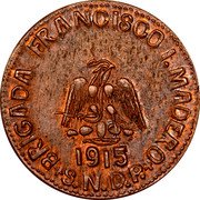 Mexico 20 Centavos Chiconcuatla 1915 KM# 757 BRIGADA FRANCISCO I. MADERO 1915 S.N.D.P. coin obverse Mexico 20 Centavos Chiconcuatla 1915 KM# 757 BRIGADA FRANCISCO I. MADERO 1915 S.N.D.P. coin obverse