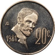 Mexico 20 Centavos Pattern. Madero. Thick eagle 1981 Mo Proof KM# Pn224 MO 1981 20C. coin reverse Mexico 20 Centavos Pattern. Madero. Thick eagle 1981 Mo Proof KM# Pn224 MO 1981 20C. coin reverse