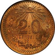 Mexico 20 Centavos Pattern. Uniface Resplandor ND (1911) M LIBERTAD 2 M 0 CENTAVOS 19 coin reverse Mexico 20 Centavos Pattern. Uniface Resplandor ND (1911) M LIBERTAD 2 M 0 CENTAVOS 19 coin reverse