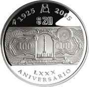 Mexico 20 Pesos 80th Anniversary of the Bank of Mexico 2005 Mo Proof KM# 767 MO 1925 2005 $20 LXXX ANIVERSARIO 100 coin reverse Mexico 20 Pesos 80th Anniversary of the Bank of Mexico 2005 Mo Proof KM# 767 MO 1925 2005 $20 LXXX ANIVERSARIO 100 coin reverse