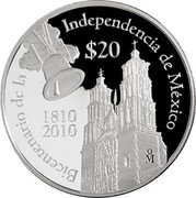 Mexico 20 Pesos Dolores Parrish Church 2010 Mo Proof KM# 939 BICENTENARIO DE LA INDEPENDENCIA DE MÉXICO $20 1810 2010 MO coin reverse Mexico 20 Pesos Dolores Parrish Church 2010 Mo Proof KM# 939 BICENTENARIO DE LA INDEPENDENCIA DE MÉXICO $20 1810 2010 MO coin reverse