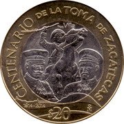 Mexico 20 Pesos Centenary of the Taking of Zacatecas ND (2014) KM# 979 CENTENARIO DE LA TOMA DE ZACATECAS FCO. VILLA FELIPE ANGELES PANFILO NATERA 1914-2014 $20 MO coin reverse