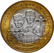 Mexico 20 Pesos Centenary of Heroic Defense of Veracruz 2014 KM# 978 CENTENARIO DE LA GESTA HEROICA DE VERACRUZ JOSE AZUETA VIRGILIO URIBE ESCUELA NAVAL MO $20 coin reverse