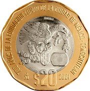 Mexico 20 Pesos 700 Years of the Lunar Fundation of Mexico City-Tenochtitlan 2021 M° TEOCALLI 700 AÑOS DE LA FUNDACIÓN LUNAR DE LA CIUDAD DE MÉXICO-TENOCHTITLAN $ 20 2021 MO coin reverse Mexico 20 Pesos 700 Years of the Lunar Fundation of Mexico City-Tenochtitlan 2021 M° TEOCALLI 700 AÑOS DE LA FUNDACIÓN LUNAR DE LA CIUDAD DE MÉXICO-TENOCHTITLAN $ 20 2021 MO coin reverse