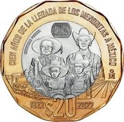 Mexico 20 Pesos Arrival in Mexico of the Mennonites in 1922 2022 M° COMUNIDAD PIONERA 20 CIEN AÑOS DE LA LLEGADA DE LOS MENONITAS A MÉXICO MO $20 1922 2022 coin reverse Mexico 20 Pesos Arrival in Mexico of the Mennonites in 1922 2022 M° COMUNIDAD PIONERA 20 CIEN AÑOS DE LA LLEGADA DE LOS MENONITAS A MÉXICO MO $20 1922 2022 coin reverse