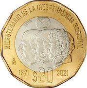 Mexico 20 Pesos Bicentenial of National Independence 2021 M° LIBERTAD BICENTENARIO DE LA INDEPENDENCIA NACIONAL $ 20 1821 2021 MO coin reverse Mexico 20 Pesos Bicentenial of National Independence 2021 M° LIBERTAD BICENTENARIO DE LA INDEPENDENCIA NACIONAL $ 20 1821 2021 MO coin reverse