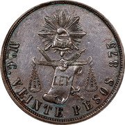 Mexico 20 Pesos Eagle. Cap and Scales Pattern 1870Mo C KM# Pn123 MO C. VEINTE PESOS 875 LEY LIBERTAD coin reverse Mexico 20 Pesos Eagle. Cap and Scales Pattern 1870Mo C KM# Pn123 MO C. VEINTE PESOS 875 LEY LIBERTAD coin reverse