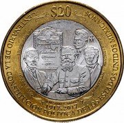 Mexico 20 Pesos Constitution Centennial ND Mo KM# 989 $20 CENTENARIO DE LA CONSTITUCIÓN POLÍTICA DE LOS ESTADOS UNIDOS MEXICANOS 5 DE FEBRERO MO PASTOR ROUAIX, VENUSTIANO CARRANZA, HERIBERTO JARA Y FRANCISCO J. MÚGICA 1917-2017 coin reverse Mexico 20 Pesos Constitution Centennial ND Mo KM# 989 $20 CENTENARIO DE LA CONSTITUCIÓN POLÍTICA DE LOS ESTADOS UNIDOS MEXICANOS 5 DE FEBRERO MO PASTOR ROUAIX, VENUSTIANO CARRANZA, HERIBERTO JARA Y FRANCISCO J. MÚGICA 1917-2017 coin reverse