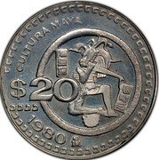 Mexico 20 Pesos Pattern. Jugador De Pelota. Large Mintmark 1980 Mo KM# Pn222 CULTURA MAYA $20 1980 MO coin reverse Mexico 20 Pesos Pattern. Jugador De Pelota. Large Mintmark 1980 Mo KM# Pn222 CULTURA MAYA $20 1980 MO coin reverse