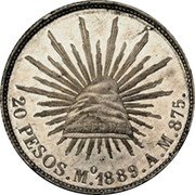 Mexico 20 Pesos Radiant Cap Pattern 1889 Mo AM KM# Pn155 20 PESOS.MO.1889.A.M.875. LIBERTAD coin reverse Mexico 20 Pesos Radiant Cap Pattern 1889 Mo AM KM# Pn155 20 PESOS.MO.1889.A.M.875. LIBERTAD coin reverse