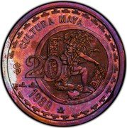 Mexico 20 Pesos Uniface Jugador De Pelota. Pattern 1980 Mo CULTURA MAYA 20 PESOS 1980 MO coin reverse