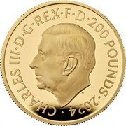UK 200 Pounds Seymour Unicorn 2024 Proof CHARLES III D G REX F D 200 POUNDS 2024 MJ coin obverse