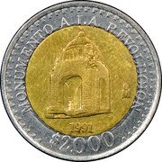 Mexico 2000 Pesos Pattern.Monumento A La Revolucion 1991 Mo KM# Pn252 MONUMENTO A LA REVOLUCION MO 1991 $2000 coin reverse Mexico 2000 Pesos Pattern.Monumento A La Revolucion 1991 Mo KM# Pn252 MONUMENTO A LA REVOLUCION MO 1991 $2000 coin reverse