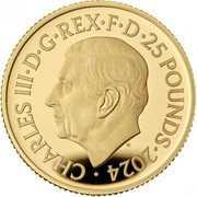 UK 25 Pounds Seymour Unicorn 2024 Proof CHARLES III D G REX F D 25 POUNDS 2024 MJ coin obverse UK 25 Pounds Seymour Unicorn 2024 Proof CHARLES III D G REX F D 25 POUNDS 2024 MJ coin obverse
