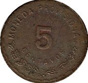 Mexico 5 Centavos Provisional Government Coinage. Oaxaca 1915 KM# 721 MONEDA PROVISIONAL 5 CENTAVOS coin reverse Mexico 5 Centavos Provisional Government Coinage. Oaxaca 1915 KM# 721 MONEDA PROVISIONAL 5 CENTAVOS coin reverse