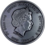 Tuvalu 5 Dollars Artemis. Antique Finish 2023 P QUEEN ELIZABETH II IRB 1952-2022 5OZ 9999 AG 2023 TUVALU 5 DOLLARS coin obverse