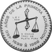 Mexico 5 Onzas 450th Anniversary of Mexico City Mint 1986 Mº X# MB20 5 ONZAS TROY DE PLATA PURA LEY 0.999 450 AÑOS DE LA PRIMERA ACUÑACION 1536 MO 1986 coin obverse Mexico 5 Onzas 450th Anniversary of Mexico City Mint 1986 Mº X# MB20 5 ONZAS TROY DE PLATA PURA LEY 0.999 450 AÑOS DE LA PRIMERA ACUÑACION 1536 MO 1986 coin obverse