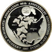 Mexico 5 Onzas 96th American Numismatic Convention 1987 Mº X# MB35 ANA ATLANTA 999 PLATA PURA MO AMERICAN NUMIAMATIC ASSOCIATION 96TH ANNIVERSARY CONVENTION CINCO ONZAS 1997 coin reverse Mexico 5 Onzas 96th American Numismatic Convention 1987 Mº X# MB35 ANA ATLANTA 999 PLATA PURA MO AMERICAN NUMIAMATIC ASSOCIATION 96TH ANNIVERSARY CONVENTION CINCO ONZAS 1997 coin reverse