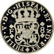 Mexico 5 Onzas (Pillar Dollar) X# MB49 PHILLIP V D G HISPAN ET IND REX F 8 coin obverse Mexico 5 Onzas (Pillar Dollar) X# MB49 PHILLIP V D G HISPAN ET IND REX F 8 coin obverse