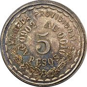Mexico 5 Pesos Provisional Government Coinage 1915 KM# 751 MONEDA PROVISIONAL AG 0.902 AU 0.010 5 PESOS coin reverse Mexico 5 Pesos Provisional Government Coinage 1915 KM# 751 MONEDA PROVISIONAL AG 0.902 AU 0.010 5 PESOS coin reverse