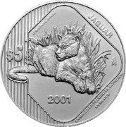 Mexico 5 Pesos Jaguar 2001 Mo KM# 658 $5 PANTHERA ONCA 2001 JAGUAR MO ANIMALES EN PELIGRO DE EXTINCION EN MEXICO coin reverse Mexico 5 Pesos Jaguar 2001 Mo KM# 658 $5 PANTHERA ONCA 2001 JAGUAR MO ANIMALES EN PELIGRO DE EXTINCION EN MEXICO coin reverse