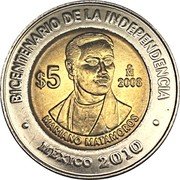 Mexico 5 Pesos Mariano Matamoros 2008 Mo Prooflike KM# 902 BICENTENARIO DE LA INDEPENCIA $5 MO 2008 MARIANO MATAMOROS MÉXICO 2010 coin reverse Mexico 5 Pesos Mariano Matamoros 2008 Mo Prooflike KM# 902 BICENTENARIO DE LA INDEPENCIA $5 MO 2008 MARIANO MATAMOROS MÉXICO 2010 coin reverse