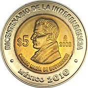 Mexico 5 Pesos Carlos Maria Bustamante 2008 Mo Prooflike KM# 896 BICENTENARIO DE LA INDEPENDENCIA MO $5 2008 CARLOS MARÍA DE BUSTAMANTE MÉXICO 2010 coin reverse Mexico 5 Pesos Carlos Maria Bustamante 2008 Mo Prooflike KM# 896 BICENTENARIO DE LA INDEPENDENCIA MO $5 2008 CARLOS MARÍA DE BUSTAMANTE MÉXICO 2010 coin reverse