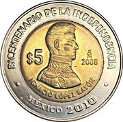 Mexico 5 Pesos Ignacio Lopez Rayon 2008 Mo Prooflike KM# 894 BICENTENARIO DE LA INDEPENDENCIA MO $5 2008 IGNACIO LÓPEZ RAYÓN MÉXICO 2010 coin reverse