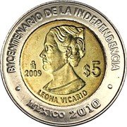 Mexico 5 Pesos Leona Vicario 2009 Mo Prooflike KM# 919 BICENTENARIO DE LA INDEPENDENCIA MO $5 2009 LEONA VICARIO MÉXICO 2010 coin reverse Mexico 5 Pesos Leona Vicario 2009 Mo Prooflike KM# 919 BICENTENARIO DE LA INDEPENDENCIA MO $5 2009 LEONA VICARIO MÉXICO 2010 coin reverse