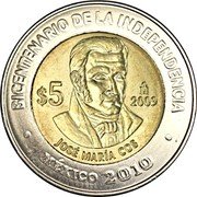 Mexico 5 Pesos Jose Maria Cos 2009 Mo Prooflike KM# 908 BICENTENARIO DE LA INDEPENDENCIA MO $5 2009 JOSÉ MARÍA COS MEXICO 2010 coin reverse Mexico 5 Pesos Jose Maria Cos 2009 Mo Prooflike KM# 908 BICENTENARIO DE LA INDEPENDENCIA MO $5 2009 JOSÉ MARÍA COS MEXICO 2010 coin reverse