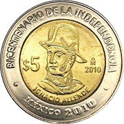 Mexico 5 Pesos Ignacio Allende 2010 Mo Prooflike KM# 927 BICENTENARIO DE LA INDEPENDENCIA MO $5 2010 IGNACIO ALLENDE MÉXICO 2010 coin reverse Mexico 5 Pesos Ignacio Allende 2010 Mo Prooflike KM# 927 BICENTENARIO DE LA INDEPENDENCIA MO $5 2010 IGNACIO ALLENDE MÉXICO 2010 coin reverse