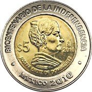 Mexico 5 Pesos Josefa Ortiz de Dominguez 2010 Mo Prooflike KM# 931 BICENTENARIO DE LA INDEPENDENCIA MO $5 2010 JOSEFA ORTÍZ DE DOMÍNGUEZ MEXICO 2010 coin reverse Mexico 5 Pesos Josefa Ortiz de Dominguez 2010 Mo Prooflike KM# 931 BICENTENARIO DE LA INDEPENDENCIA MO $5 2010 JOSEFA ORTÍZ DE DOMÍNGUEZ MEXICO 2010 coin reverse