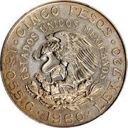 Mexico 5 Pesos (Cincuentenary of National Aviation Pattern) CINCO PESOS ESTADOS UNIDOS MEXICANOS 18.055 G 1960 LEY .720 coin obverse Mexico 5 Pesos (Cincuentenary of National Aviation Pattern) CINCO PESOS ESTADOS UNIDOS MEXICANOS 18.055 G 1960 LEY .720 coin obverse
