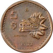 Mexico 5 Pesos Mayan art. 1983 KM# Pn229 MO 5 $ QUETZALCOATL 1983 coin reverse