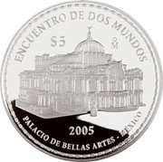 Mexico 5 Pesos Palacio de Bellas Artes 2005 Mo Proof KM# 765 PALACIO DE BELLAS ARTES MÉXICO 2005 MO $5 ENCUENTRO DE DOS MUNDOS coin reverse Mexico 5 Pesos Palacio de Bellas Artes 2005 Mo Proof KM# 765 PALACIO DE BELLAS ARTES MÉXICO 2005 MO $5 ENCUENTRO DE DOS MUNDOS coin reverse