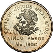 Mexico 5 Pesos (Pattern) KM# Pn197 ESTADOS UNIDOS MEXICANOS LEY 0.720 PESO 27 7/9G CINCO PESOS MO. 1950 coin obverse