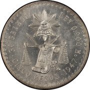 Mexico 5 Pesos (Scales Pattern) KM# Pn195 30 GRAMOS LEY 0.900 MO LIBERTAD CINCO PESOS 1947 coin reverse Mexico 5 Pesos (Scales Pattern) KM# Pn195 30 GRAMOS LEY 0.900 MO LIBERTAD CINCO PESOS 1947 coin reverse