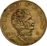Mexico 5 Pesos (Vicente Guerrero Pattern) CINCO PESOS 1972 MO coin reverse