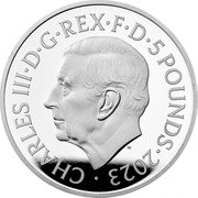 UK 5 Pounds Seacole Mary 2023 Proof CHARLES III D G REX F D 5 POUNDS 2023 MJ coin obverse UK 5 Pounds Seacole Mary 2023 Proof CHARLES III D G REX F D 5 POUNDS 2023 MJ coin obverse
