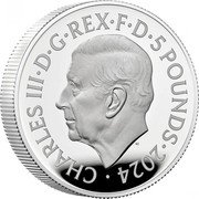 UK 5 Pounds Seymour Unicorn 2024 Proof CHARLES III D G REX F D 5 POUNDS 2024 MJ coin obverse UK 5 Pounds Seymour Unicorn 2024 Proof CHARLES III D G REX F D 5 POUNDS 2024 MJ coin obverse