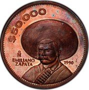 Mexico 50,000 Pesos Pattern. Emiliano Zapata 1990 Mº $50,000 MO EMILIANO ZAPATA 1990 coin reverse Mexico 50,000 Pesos Pattern. Emiliano Zapata 1990 Mº $50,000 MO EMILIANO ZAPATA 1990 coin reverse