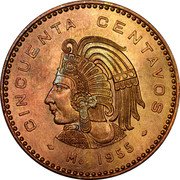 Mexico 50 Centavos (Cuauhtemoc Pattern) KM# Pn201 CINCUENTA CENTAVOS MO 1955 coin reverse Mexico 50 Centavos (Cuauhtemoc Pattern) KM# Pn201 CINCUENTA CENTAVOS MO 1955 coin reverse