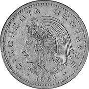 Mexico 50 Centavos (Cuauhtemoc Pattern) KM# Pn199 CINCUENTA CENTAVOS 1954 coin reverse Mexico 50 Centavos (Cuauhtemoc Pattern) KM# Pn199 CINCUENTA CENTAVOS 1954 coin reverse