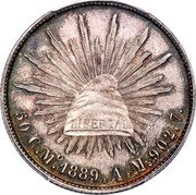 Mexico 50 Centavos Radiant Cap Pattern 1889 Mo KM# Pn151 LIBERTAD 50 C. MO. 1889 . A. M. 902,7 coin reverse Mexico 50 Centavos Radiant Cap Pattern 1889 Mo KM# Pn151 LIBERTAD 50 C. MO. 1889 . A. M. 902,7 coin reverse