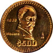 Mexico 500 Pesos Madero. Pattern. 1989  1989 MADERO MO $500 coin reverse Mexico 500 Pesos Madero. Pattern. 1989  1989 MADERO MO $500 coin reverse