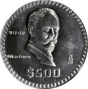 Mexico 500 Pesos (Madero. Trial) 1987 MADERO MO $500 coin reverse