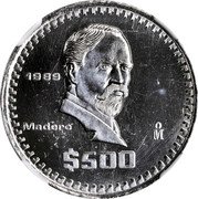 Mexico 500 Pesos (Pattern) 1989 MADERO MO $500 coin reverse Mexico 500 Pesos (Pattern) 1989 MADERO MO $500 coin reverse